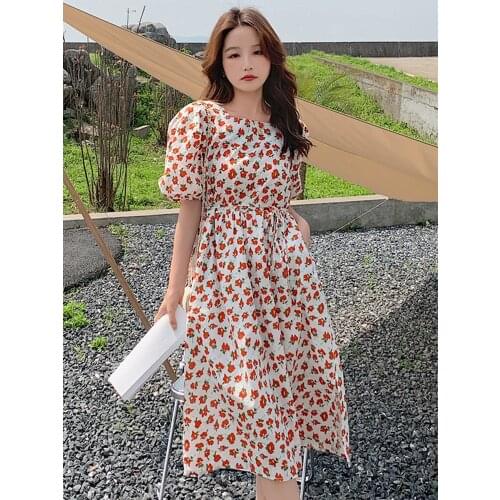 Summer New Ins Retro Womens Net Red Same Paragraph Printing Square Collar Dress Bohemia Travel Vacation Beach Dress