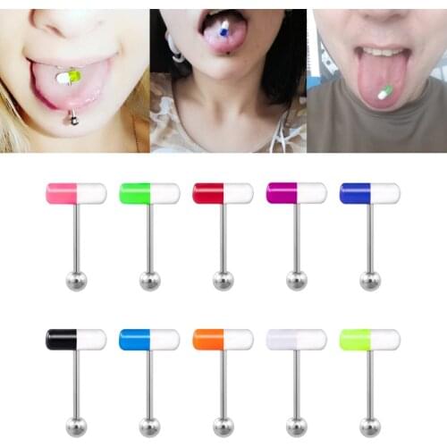 10pcs Acrylic Tongue Piercing Rings Capsule Pill Stud Barbell Tongue Ring Bar Surgical Steel Unisex Punk Women Body Jewelry 14G