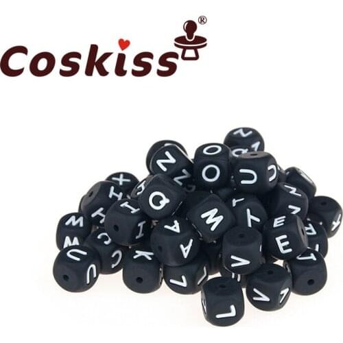 Coskiss 10pc Silicone Alphabet Letter Beads 12mm Black BPA Fress Silicone Teether DIY Teething Necklace Beads Nursing Pendant
