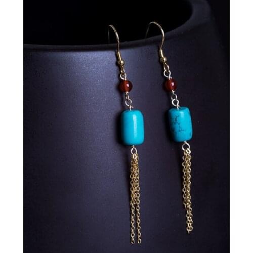 2021 New Handmade Chinese Style Retro Turquoise Barrel Bead Earrings Female 925 Silver Red Agate Long Tassel Ear Hooks Womens
