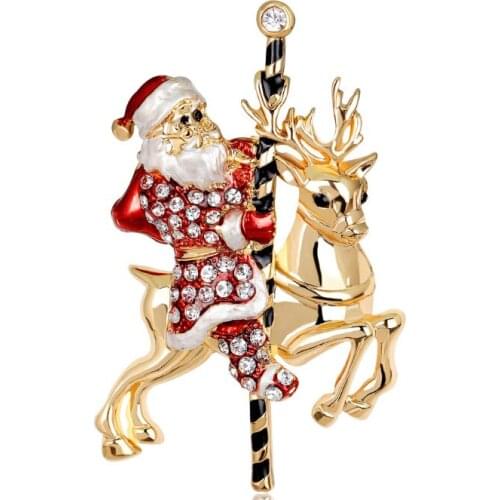 30pcs/lot Christmas Brooch Crystal Rhinestone Santa Claus Riding Reindeer Brooch Pin
