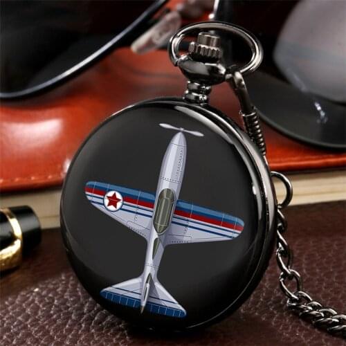 Cool Plane Pattern Printed Quartz Pocket Watch Black Arabic Numerals Dial Retro Fob Chain Watches Gift Men Women