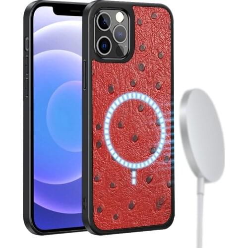 Genuine Cow Leather Phone Case For iPhone 12 Pro Max 12 Mini Ostrich Grain Magnetic Wireless Charging Back Cover Shell