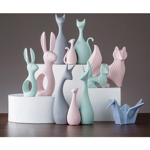 Nordic Style Ceramic Animal Ornament Decoration Craft Cafe Home Livingroom Table Porcelain Cute Cat Deer Figurines Birthday Gift
