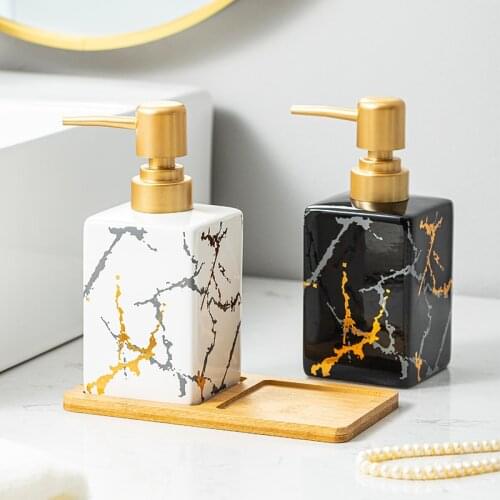 Marble Texture Ceramic Bathroom Accessories Set Wooden Tray Hand Sanitizer Bottle Shower Gel Soap Dispenser Shampoo Moisture Bot