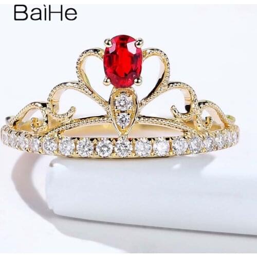 BAIHE Solid 14K Yellow Gold 0.20ct Natural Ruby 0.20ct Natural Diamonds Wedding Band Fine jewelry crown ring for women кольца