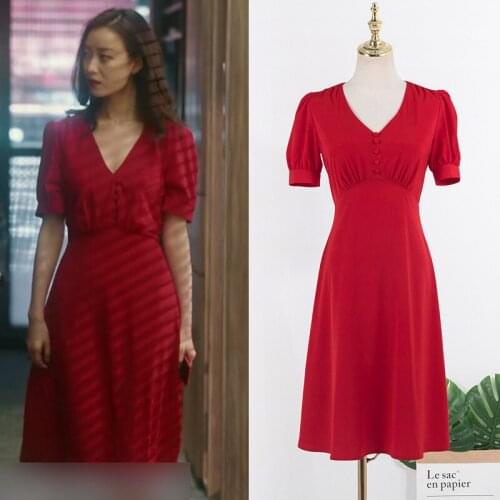 Kpop IU Seo Yea Ji Office Sexy Red V-neck Puff Sleeve High Waist Dress Women Evening Party Temperament Slim Knee-Length Dresses