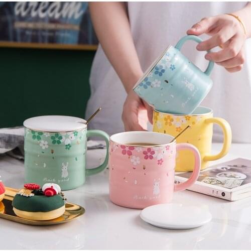 Creativity Cherry Blossoms Rabbit Mug With Spoon and Lid Cute Milk Coffee Ceramics Cup Personality Home Decoration Friend Gift