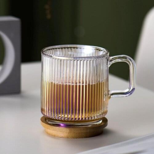 Creative Modern Striped Glass Coffee Cup with Wooden Lid Home Breakfast Milk Cup Water Cup Mug Kitchen Utensils Home Decoration