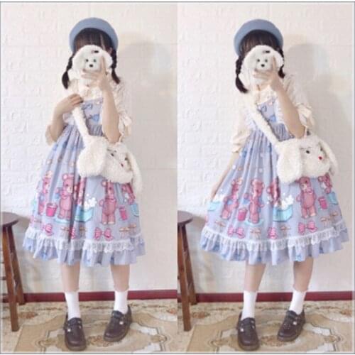 Lace bowknot cute printing high waist victorian dress kawaii girl gothic lolita jsk loli cos Japanese sweet lolita dress vintage