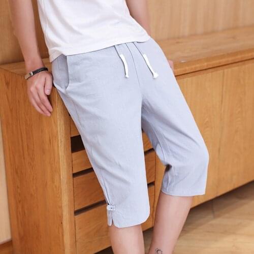 Summer cropped pants mens thin casual pants mens shorts cotton and linen loose