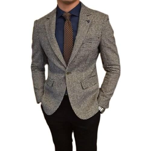 Mens Suit Jacket Tweed Jacket Houndstooth Waist Coat Slim Fit Grooms Wedding For Retro Business Casual Suit Blazer For Man