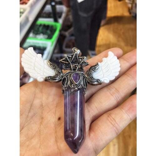 Customized Natural crystal opal blue sandstone tiger eye stone single point tower with hexagonal star and wings for pendant