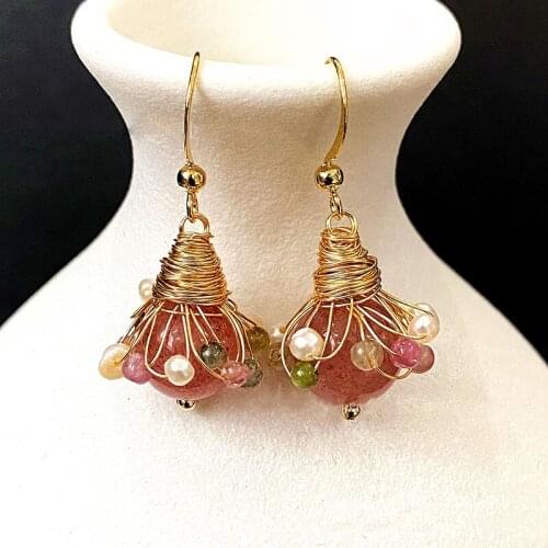 Natural Pearls Multicolor Tourmaline Beads Geometric Drop Earrings Bohemia Ethnic Strawberry Crystal Handcraft Earring Jewelry