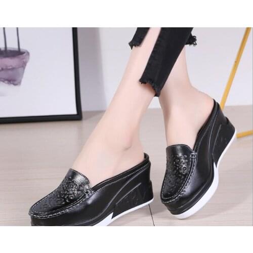 Spring new Summer Women Platform Slipper pattern Floral Flats Breathable Leather Casual Shoes Slip-on comfortable Nurses shoes