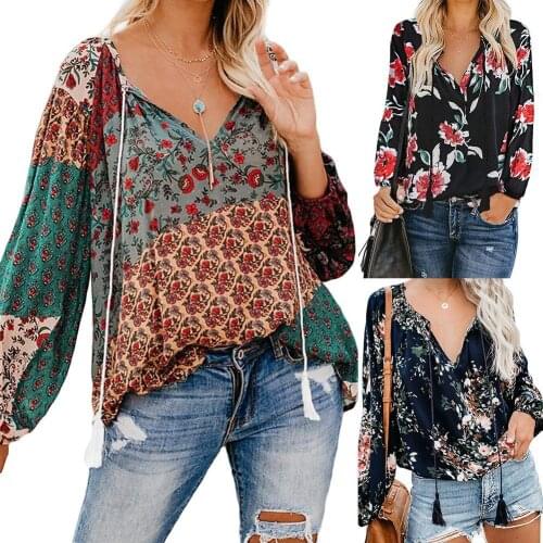 80% New Arrival ！！！Women Boho Floral Print Tassel Drawstring V Neck Long Sleeve Loose Blouse Top