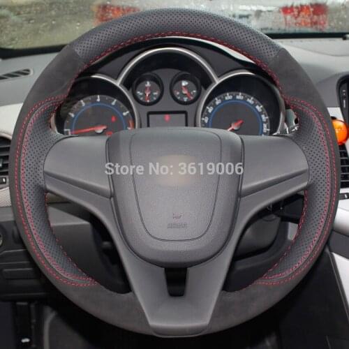 DIY Steering Wheel Cover Black Suede Black Leather Hand Sewing For Chevrolet Cruze Aveo