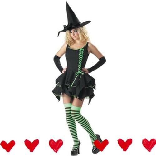 Deluxe Black Magic Witch Costume Adult Women Fantasia adulto Green Halloween Cosplay Disfraces Gothic Fancy Dress