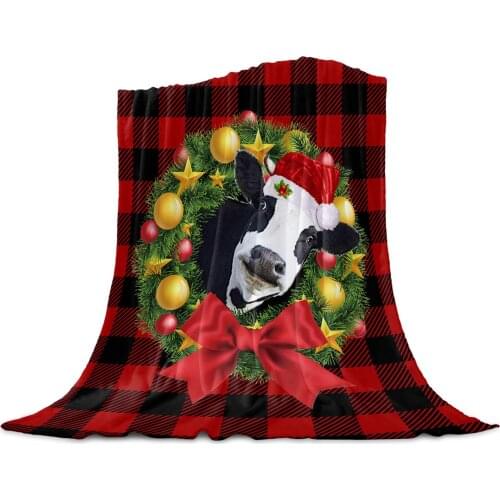 Christmas Wreath Cow Red Plaid Throw Blanket for Sofa Christmas Decoration Bedspread Portable Microfiber Flannel Blanket