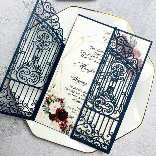 50X Navy Flower Print Wedding Party Card Burgundy Ivory Gold Laser Cut Invitations For Anniversary Bridal Shower Save The Date