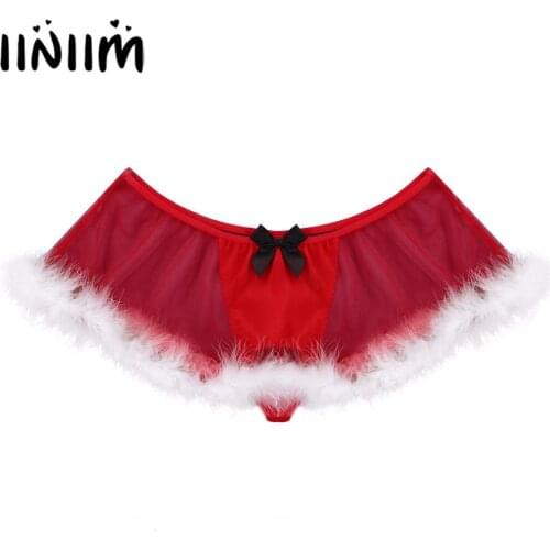 Men Gay Sissy Panties Christmas Costume See Through Lingerie Exotic Open Penis Crotchless White Feather Hem G-string Panty Skirt