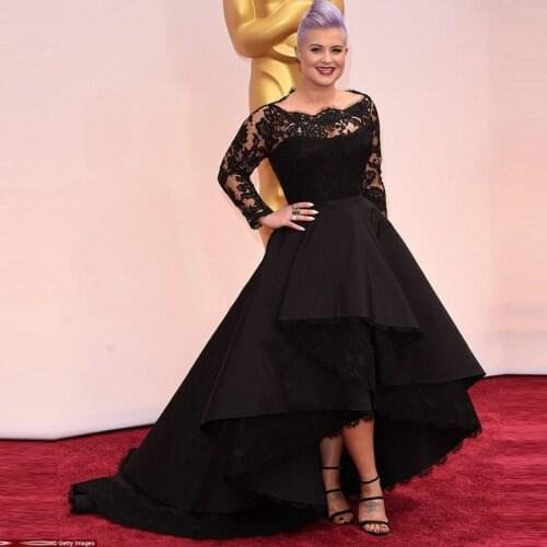 Vintage Lace Appliques Satin Front Short Back Long kardashian Fashion Long Sleeve Ball Gown Long Black Evening Celebrity Dresses