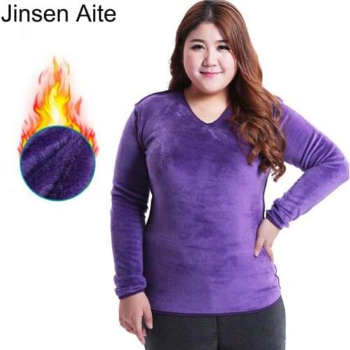 Jinsen Aite Cotton Fleece Women T-Shirts Top Big Size Winter V-Neck Long Sleeve Slim Fit Pullover Casual Tee Plus Size 6XL JS83