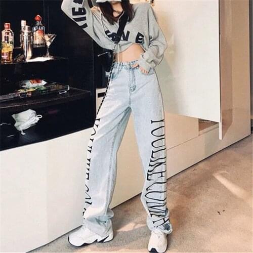 Pant Jeans Women Spring/Summer New Print Letters Light Color High Waist Washed Buttons Zipper Trendy Straight Denim Trousers 445