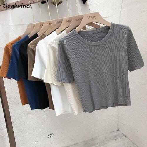 T-shirts Women Simple Basic Various Colors Short Sleeve Clothing Sexy Knitted Skinny O-neck Crop Top Female Screw Thread Casual