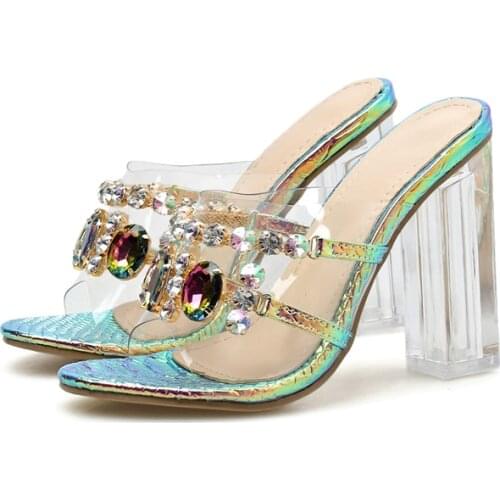 2021 New Elegant crystal slippers shoes woman high heel sandals women fashion rhinestone slip on perspex heel open sandals