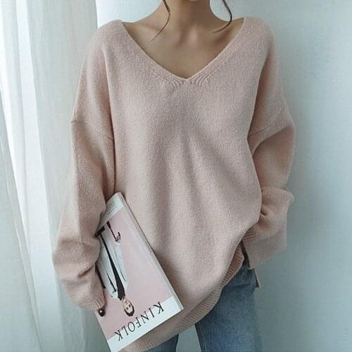 Mozuleva New 2021 Autumn Winter Womens Sweaters V-Neck Long Sleeve Tops Minimalist Korean Style Knitting Casual Pink Pullovers