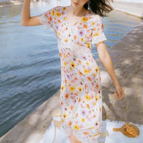 Womens Fresh Mid-Calf Dress Lace Stitching Floral Printed V-Neck Summer 2021 New Short Sleeve Ladies Robe for Holiday