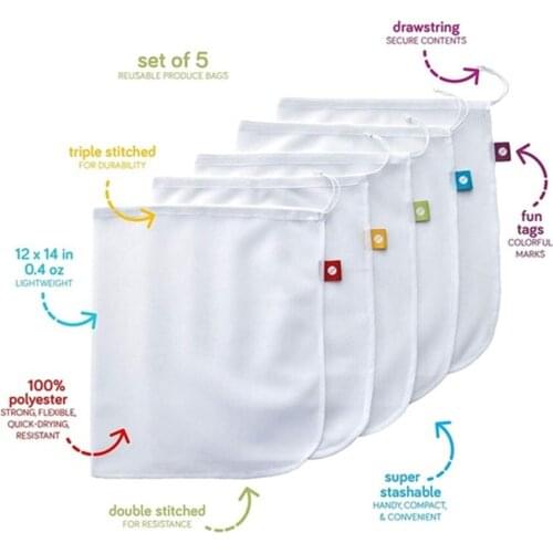 1/5PCS New Simple Reusable Produce Bags Washable Mesh Bags for Fruits and Vegetables Storage Bag Friendly Shopping Bag