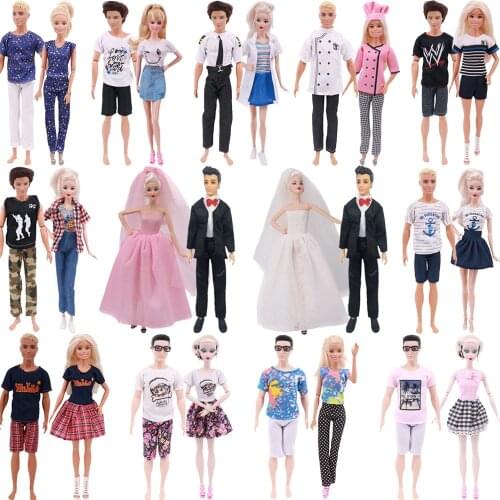 2 Pcs/Lot Clothes For Couple Barbies Doll Dress Cartoon Skirt & Wedding dress For Ken Barbies Doll Wear Outfit Girl`s Gifts