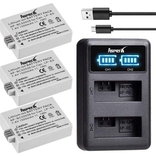 3Pcs LP-E5 LP E5 Battery Bateria + LED USB Dual Charger for Canon EOS Rebel XS Rebel T1i Rebel XSi 1000D 500D 450D Kiss X3 X2