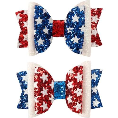 Ncmama 3'' 4th of July Glitter Hair Bows for Girls Princess Hair Clips Cute Red Blue White Star Hairgrips Kids Hair Accessories