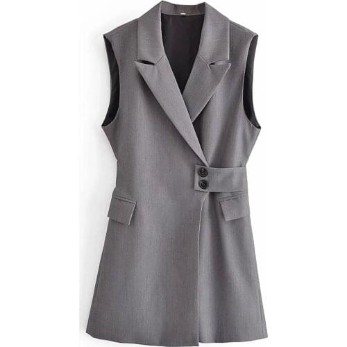 BBWM Elegant Women 2021 Fashion Gray Vest Coat Office Lady Waistcoat Vintage Sleeveless Outerwear Female Elegant Chic Top