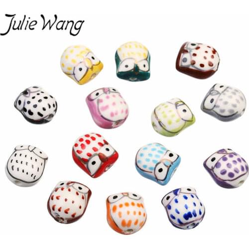 Julie Wang 5PCS Ceramic Beads Owl Multicolor Bird Animal Porcelain Spacer Beads Bracelet Necklace Jewelry Making Accessory