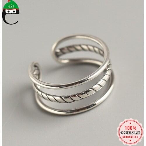ElfoPlataSi Real 925 Sterling Silver Fashion Three Layers Twist Cocktail Opening Ring For Women Wedding Party Fine Jewelry DA203
