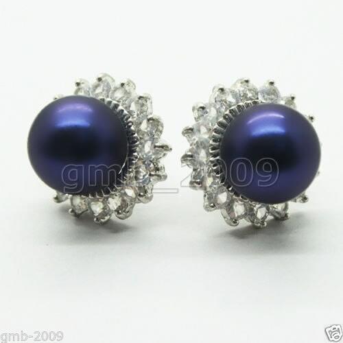 Hot sale new Style 10mm Dark Blue South Sea Shell Pearl Crystal 925 Strerling Silver Stud Earrings
