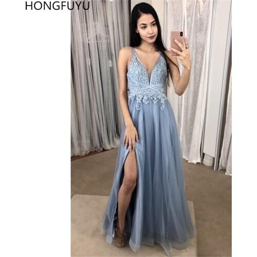 HONGFUYU Dusty Blue A Line Tulle Prom Party Dress for Women Stunning Floral Lace suknie wieczorowe Evening Gowns Beaded Slit