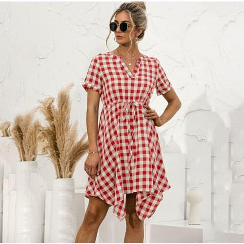 Summer Dress Women Fashion V-neck Casual Plaid Short Sleeve Beach Dresses Lady Lace Up Sweet Elegant Party Dress Robe Femme