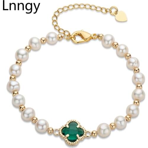 Lnngy 14K Gold Filled Natural Freshwater Chain Bracelet 5-6mm Oval White Pearl Four Leaf Clover Bracelet Women Charm Jewelry