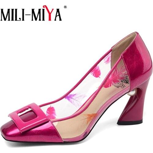 MILI-MIYA Fashion Women Pumps Patent Leather&Pvc Strange Heels Square Toe Spring Autumn Party Dress Shoes Big Size 34-43