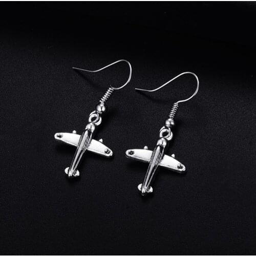 Trendy Vintage Airplane Shape Dangle Antique Silver Plated Earrings for Women Girl Retro Drop Earrings Cute Earring Jewelry