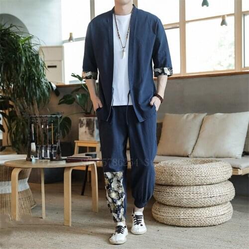 Chinese Style Men Hanfu T Shirt Trousers Tang Suit Traditional Kung Fu Uniform Tai Chi Blouse Tops Wide Leg Jogger Harem Pants