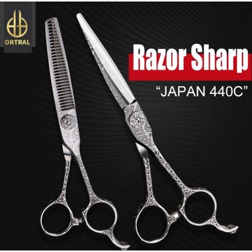 Damascus hair scissors professional high quality JAPAN 440C 6 inch hairdressing laser razor blade cutting thinning barber shears