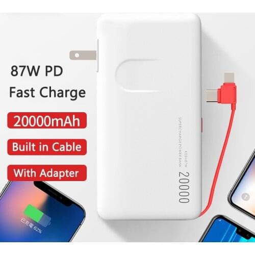 Power Bank 20000mAh PD 87W Powerbank for Laptop Notebook Fast Charge Poverbank Built in Cable Adapter For iPhone Xiaomi Battery