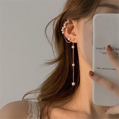 S925 Silver No Pierced Earrings Asymmetric Pearl Ear ClipsTemperament Long Tassel Earrings Personality Ear Hook Party Jewelry