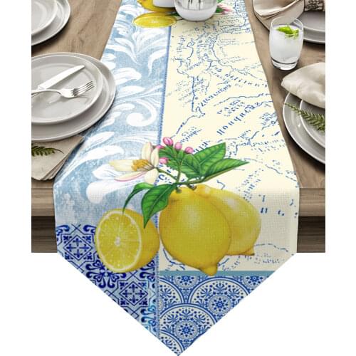 Blue And White Porcelain Texture Map Lemon Modern Table Runner Wedding For Party Event Home Decoration Table Mat Accessories